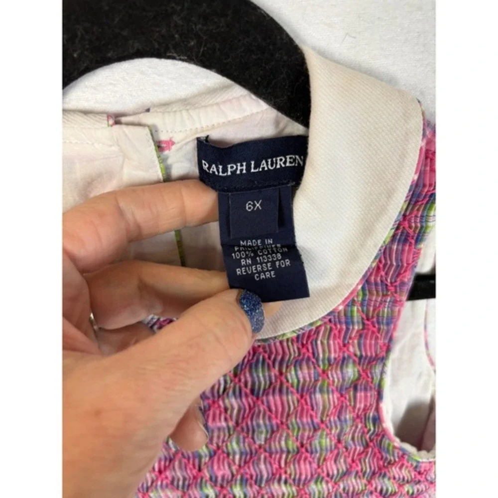 Vtg‎ Ralph Lauren Kids Girls 6 Pink Plaid Smocked Peter Pan Collar Dress Cotton
